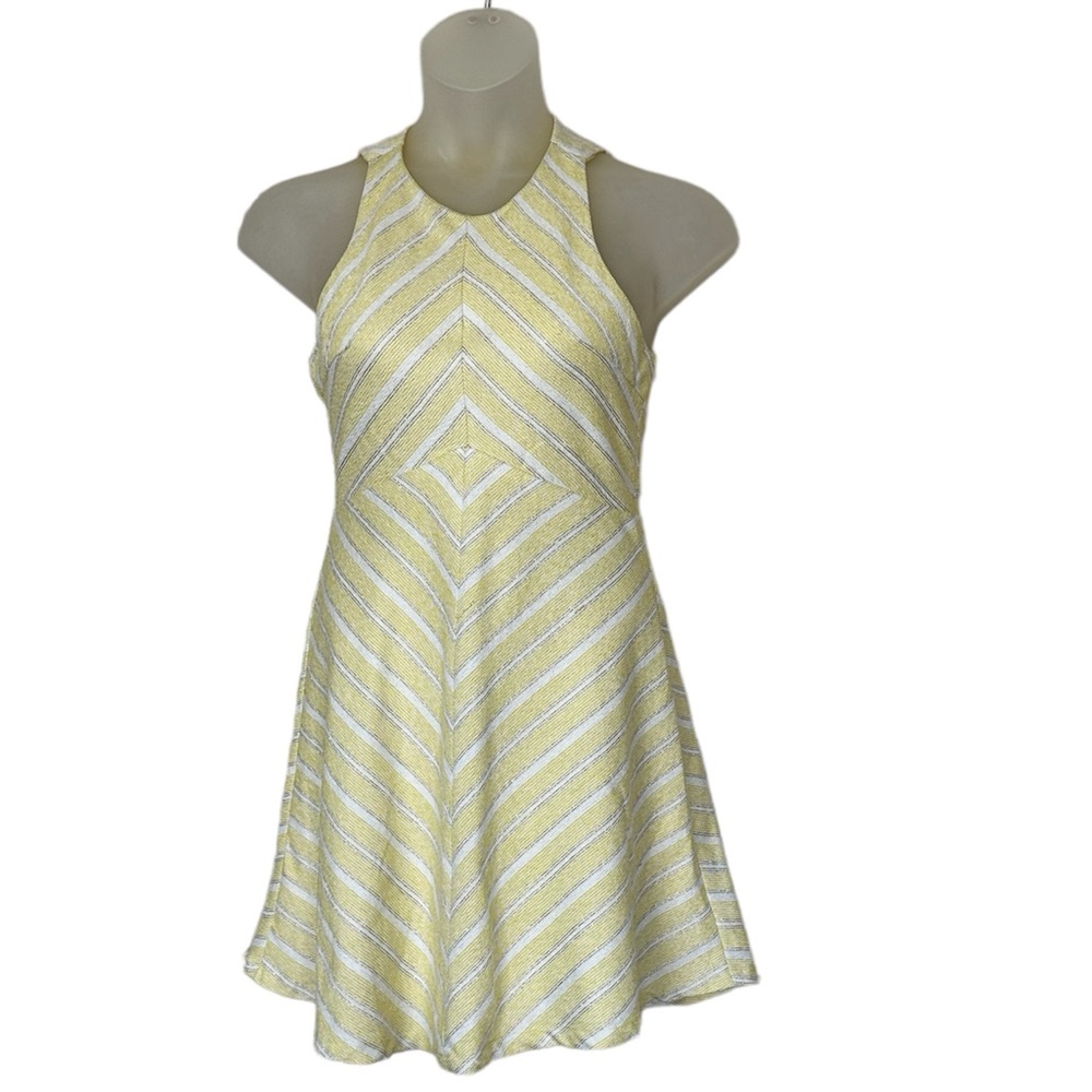 Miami pale yellow summer dress fit to flare sleeveless swirly gold‎  thread Med